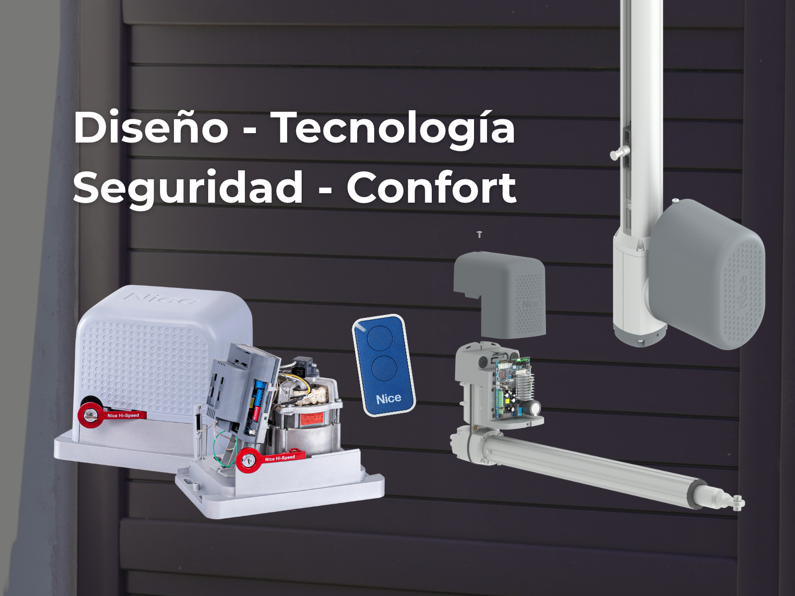 Línea de productos Nice: motor Hi-Speed para portón corredizo, control remoto, kit de motor para portón levadizo y barrera vehicular